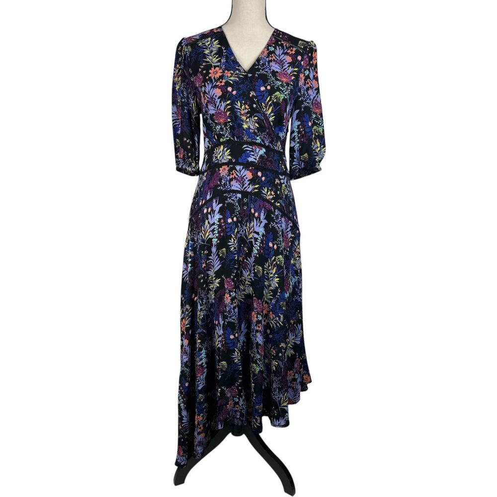 Soft Surroundings SZ 4 Florencia Dress Floral Asymmetrical V-Neck Stretch Lined